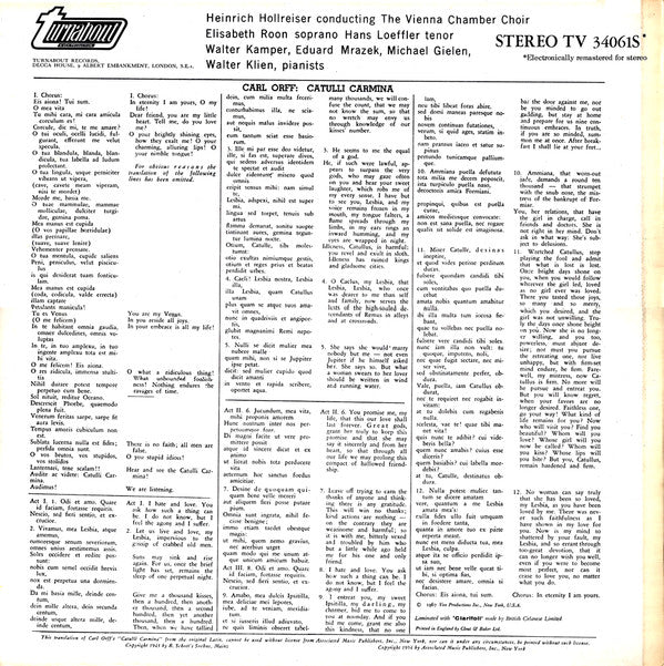 Carl Orff, Elisabeth Roon, Hans Loeffler, Wiener Kammerchor, Heinrich Hollreiser : Catulli Carmina (LP, RM)