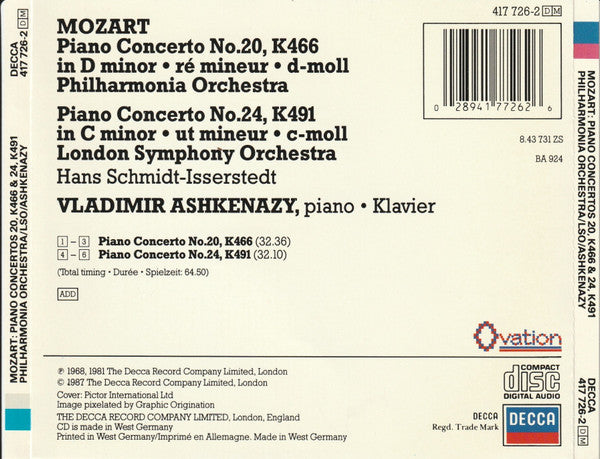 Wolfgang Amadeus Mozart, Vladimir Ashkenazy, Philharmonia Orchestra, London Symphony Orchestra : Piano Concertos: No,20, K466 · No.24, K491 (CD, Comp, RM)