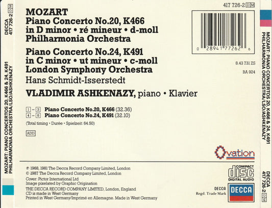 Wolfgang Amadeus Mozart, Vladimir Ashkenazy, Philharmonia Orchestra, London Symphony Orchestra : Piano Concertos: No,20, K466 · No.24, K491 (CD, Comp, RM)