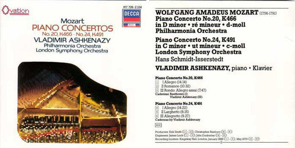 Wolfgang Amadeus Mozart, Vladimir Ashkenazy, Philharmonia Orchestra, London Symphony Orchestra : Piano Concertos: No,20, K466 · No.24, K491 (CD, Comp, RM)
