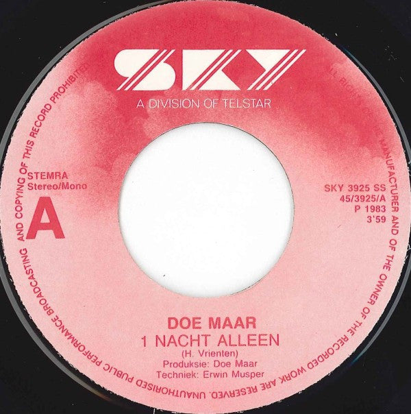 Doe Maar : 1 Nacht Alleen (7", Single)