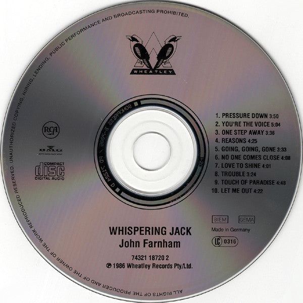 John Farnham : Whispering Jack (CD, Album, RE, RP)