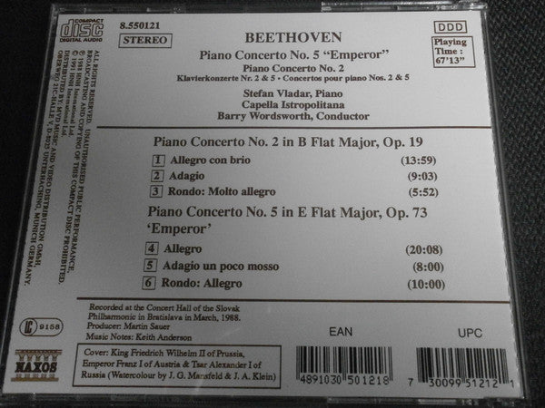 Ludwig van Beethoven, Stefan Vladar, Capella Istropolitana, Barry Wordsworth : Piano Concerto No. 5 "Emperor"  / Piano Concerto No. 2  (CD, Album, RE)