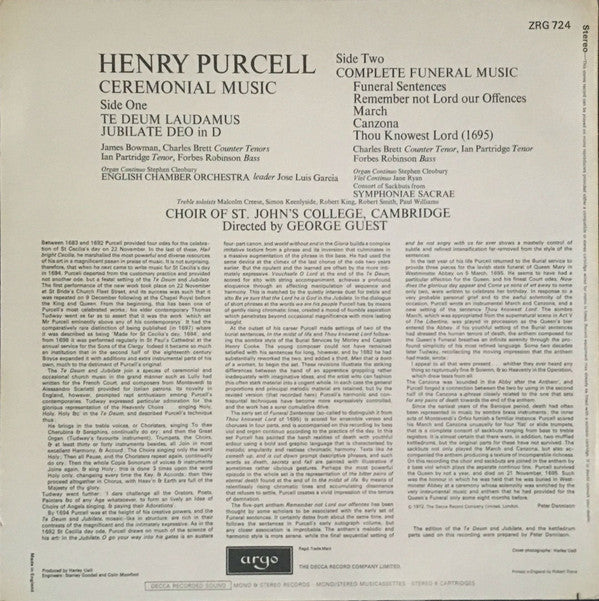 Henry Purcell - St. John's College Choir, English Chamber Orchestra, Symphoniae Sacrae, Charles Brett, James Bowman (2), Ian Partridge, Forbes Robinson, George Guest (2) : Ceremonial Music (LP)