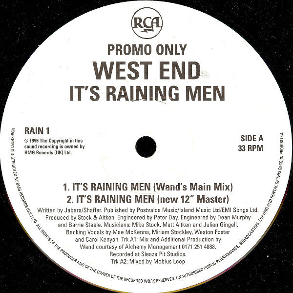 West End : It's Raining Men (12", Single, Promo)