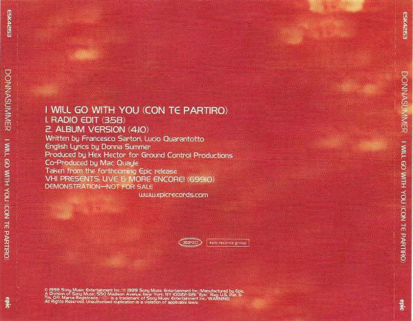 Donna Summer : I Will Go With You (Con Te Partiro) (CD, Single, Promo)