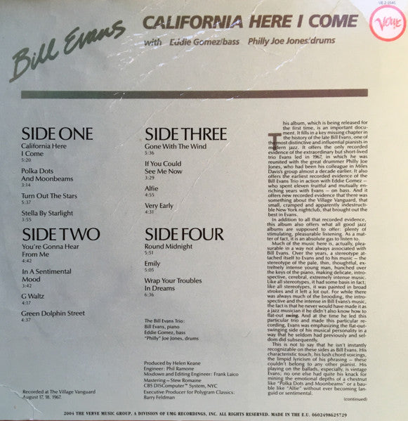 Bill Evans : California Here I Come (CD, Album, Ltd, RE, RM, Dig)