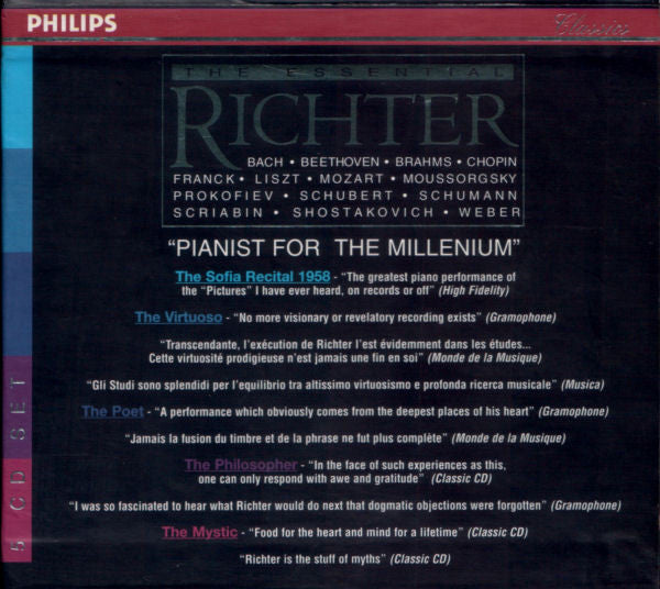 Johann Sebastian Bach · Ludwig van Beethoven · Johannes Brahms · Frédéric Chopin · César Franck · Franz Liszt · Wolfgang Amadeus Mozart · Modest Mussorgsky · Sergei Prokofiev · Franz Schubert · Robert Schumann · Alexander Scriabin · Dmitri Shostakovich ·  : The Essential Richter (Box, Comp + 5xCD, Comp)