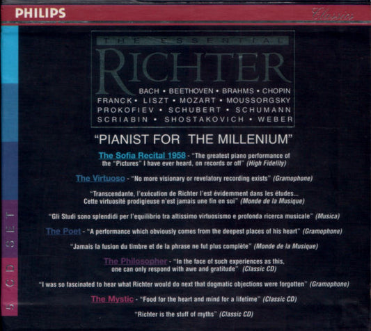 Johann Sebastian Bach · Ludwig van Beethoven · Johannes Brahms · Frédéric Chopin · César Franck · Franz Liszt · Wolfgang Amadeus Mozart · Modest Mussorgsky · Sergei Prokofiev · Franz Schubert · Robert Schumann · Alexander Scriabin · Dmitri Shostakovich ·  : The Essential Richter (Box, Comp + 5xCD, Comp)