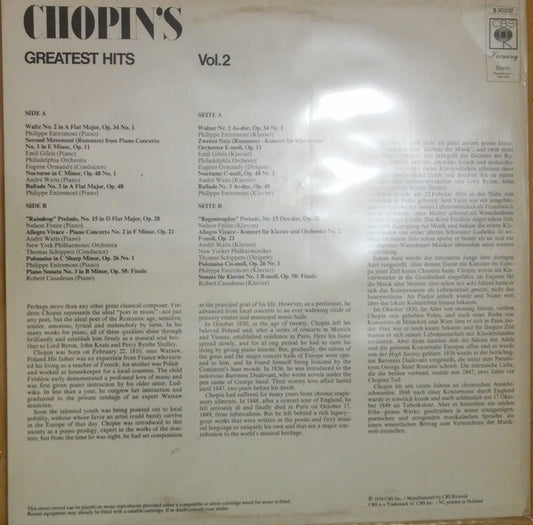 Frédéric Chopin, Philippe Entremont, Emil Gilels, Robert Casadesus, André Watts, Nelson Freire, Eugene Ormandy, The Philadelphia Orchestra, Thomas Schippers, New York Philharmonic : Chopin's Greatest Hits Vol. 2 (LP, Comp)