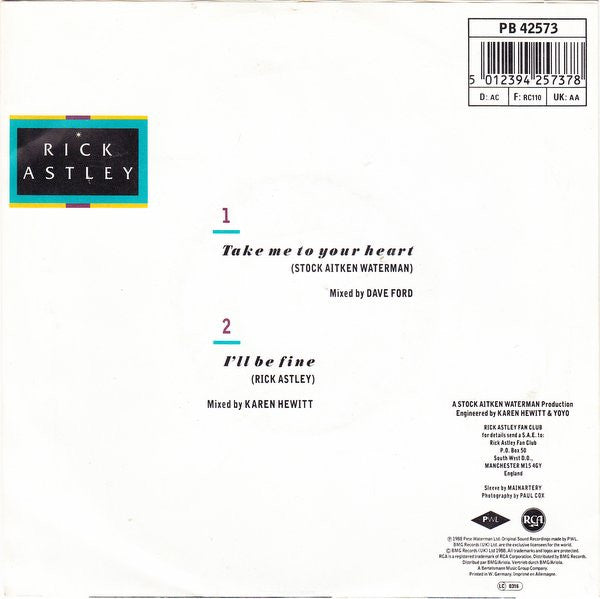 Rick Astley : Take Me To Your Heart (7", Single)