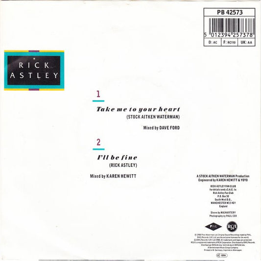 Rick Astley : Take Me To Your Heart (7", Single)
