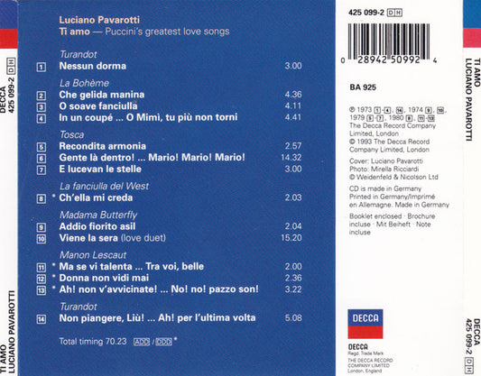 Luciano Pavarotti : Ti Amo - Puccini's Greatest Love Songs (CD, Comp)