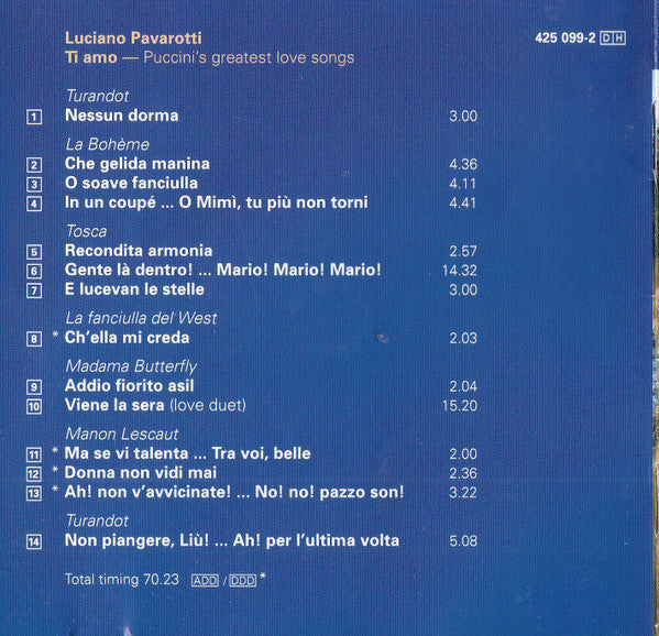 Luciano Pavarotti : Ti Amo - Puccini's Greatest Love Songs (CD, Comp)
