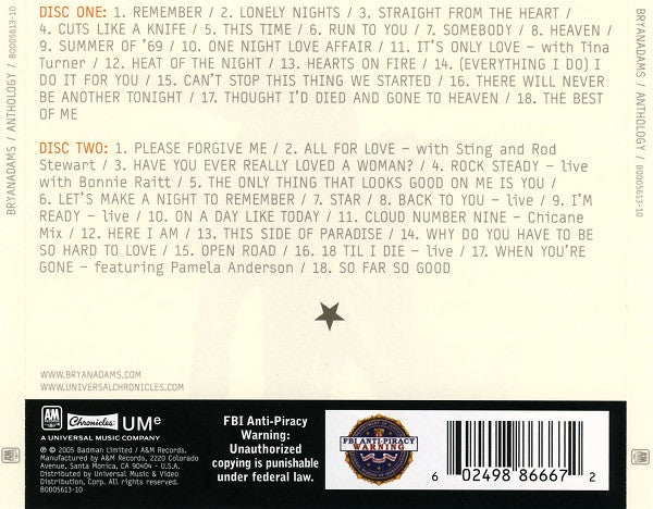 Bryan Adams : Anthology (2xCD, Comp)