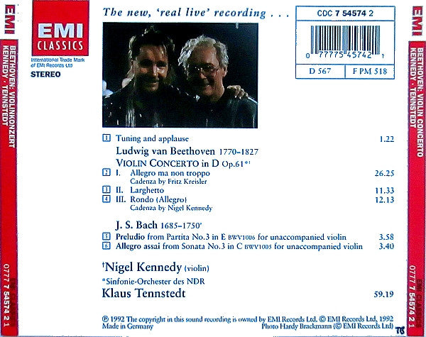 Ludwig van Beethoven, Nigel Kennedy, NDR Sinfonieorchester, Klaus Tennstedt : Beethoven: Violin Concerto (CD, Album, Son)