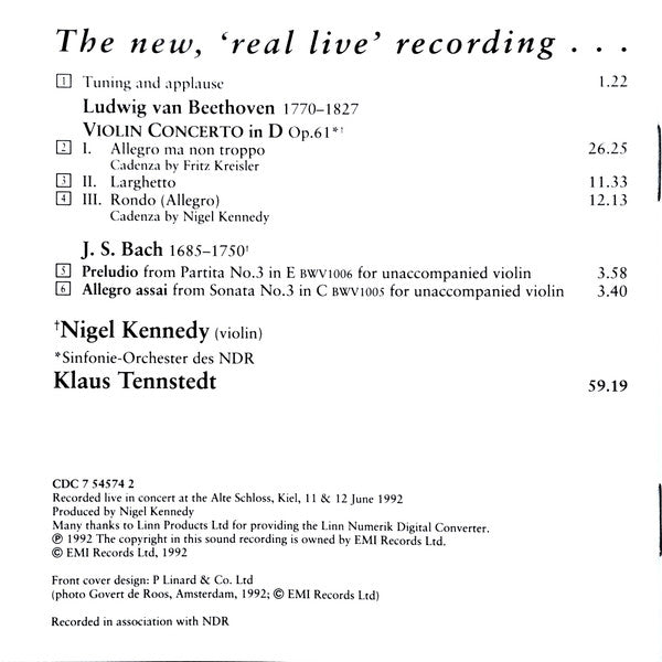 Ludwig van Beethoven, Nigel Kennedy, NDR Sinfonieorchester, Klaus Tennstedt : Beethoven: Violin Concerto (CD, Album, Son)