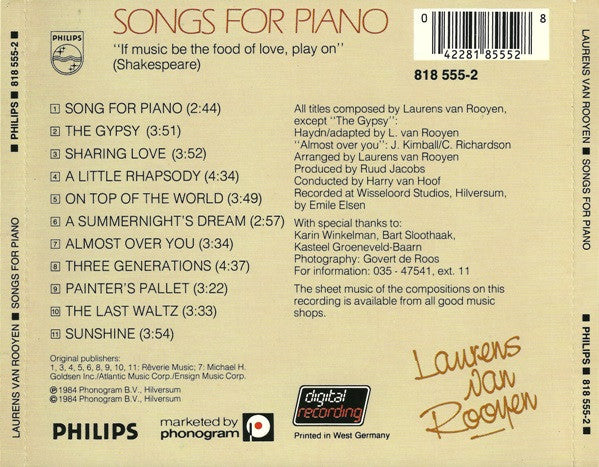 Laurens van Rooyen : Songs For Piano (CD, Album)