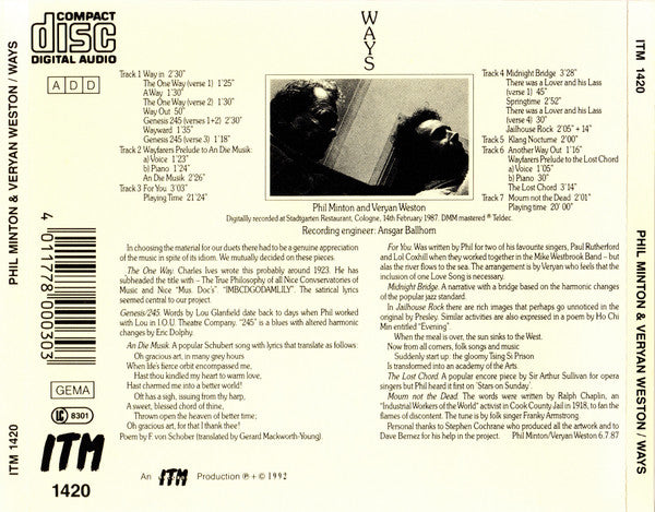 Phil Minton And Veryan Weston : Ways (CD, Album)