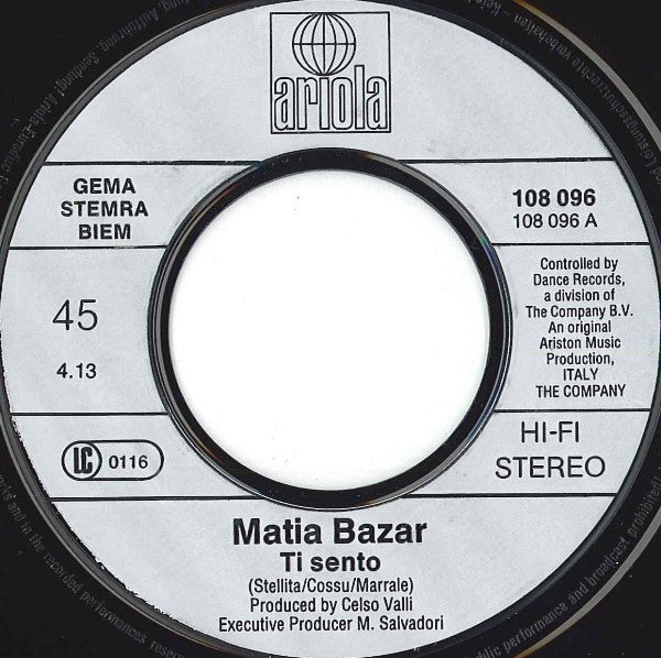 Matia Bazar : Ti Sento (7", Single)