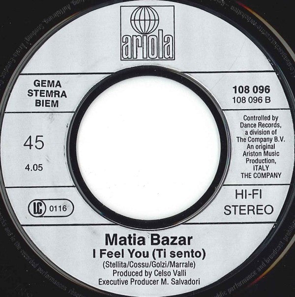 Matia Bazar : Ti Sento (7", Single)