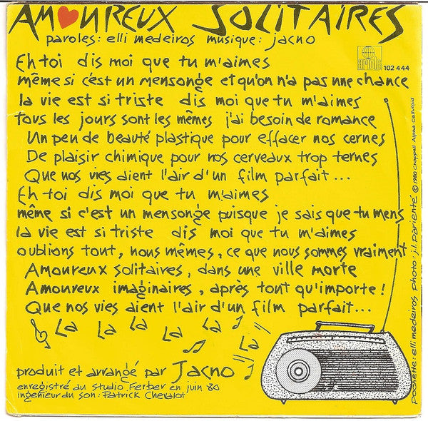 Lio : Amoureux Solitaires (Dis Moi Que Tu M'aimes) (7", Single)
