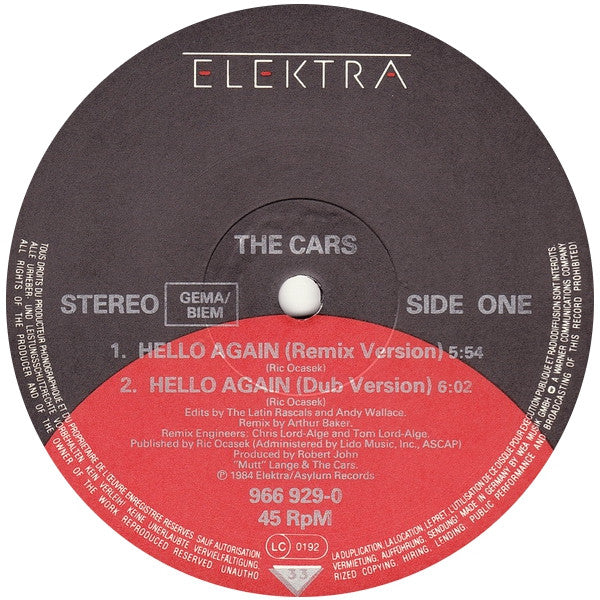 The Cars : Hello Again (Special 12 Inch Remix By Arthur Baker) (12", Maxi)