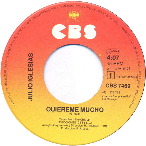 Julio Iglesias : Quiereme Mucho / Pauvres Diables (7", Single)