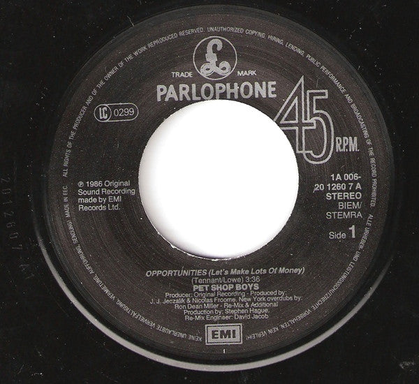 Pet Shop Boys : Opportunities (Let's Make Lots Of Money) (7", Single)