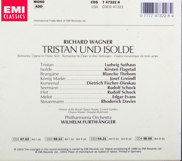 Richard Wagner - Ludwig Suthaus, Kirsten Flagstad, Blanche Thebom, Josef Greindl, Dietrich Fischer-Dieskau, Philharmonia Orchestra / Wilhelm Furtwängler : Tristan Und Isolde (4xCD, Album, Mono, RM + Box)