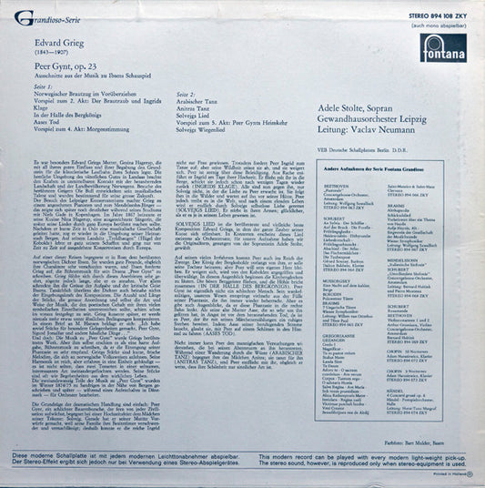 Edvard Grieg, Václav Neumann, Adele Stolte, Gewandhausorchester Leipzig : Musik Zu Ibsens Peer Gynt (LP)