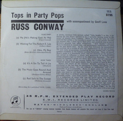 Russ Conway : Tops In Party Pops (7", EP, Mono)