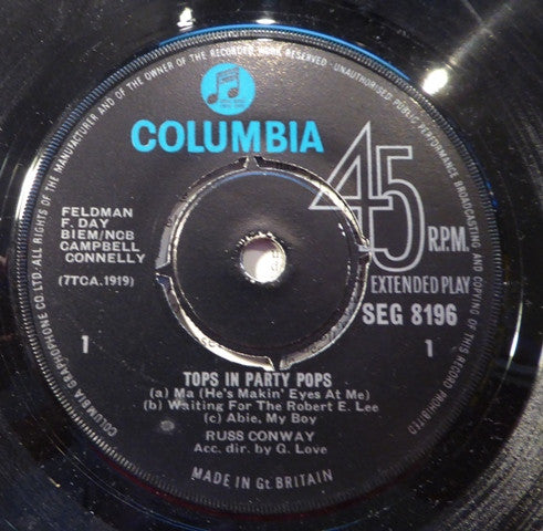 Russ Conway : Tops In Party Pops (7", EP, Mono)