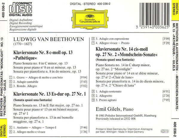 Ludwig van Beethoven – Emil Gilels : Sonaten · »Pathétique« · »Mondschein = Moonlight = Clair De Lune« (CD, Album)