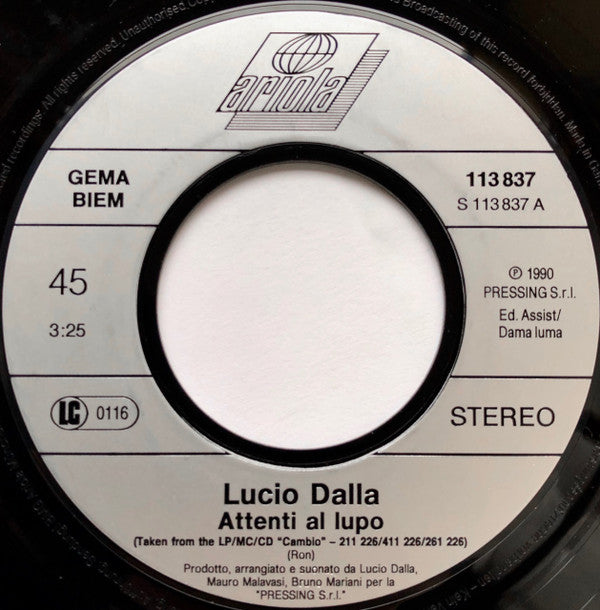Lucio Dalla : Attenti Al Lupo (7", Single, Promo)