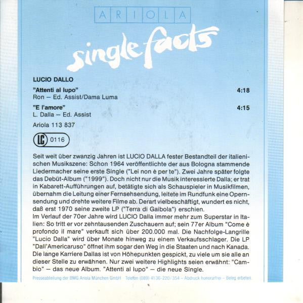 Lucio Dalla : Attenti Al Lupo (7", Single, Promo)
