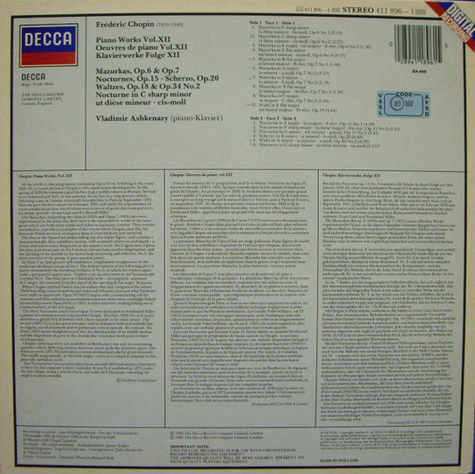 Frédéric Chopin, Vladimir Ashkenazy : Piano Works Vol. XII = Klavierwerke Folge XII (LP)