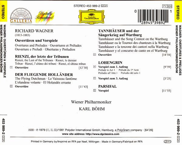 Richard Wagner : Wiener Philharmoniker, Karl Böhm : Ouvertüren & Vorspiele (Der Fliegende Holländer · Tannhäuser ·  Lohengrin · Parsifal · Rienzi)  (CD, Comp, RM)