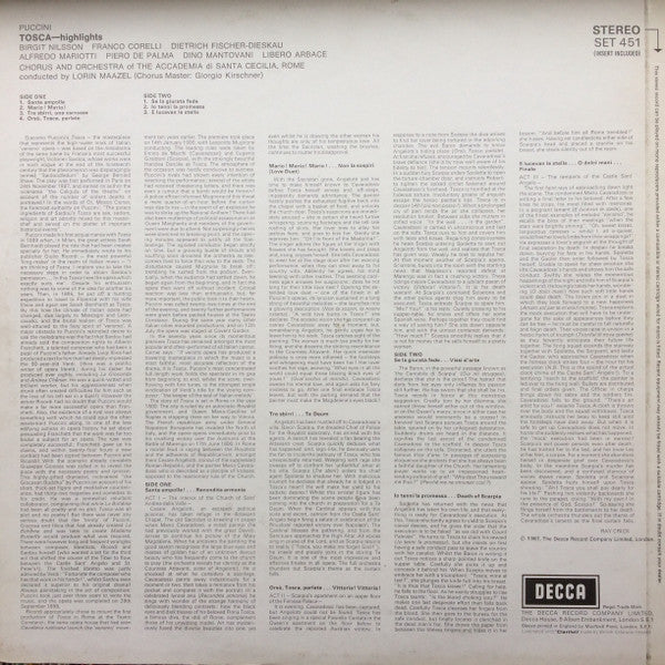 Giacomo Puccini, Birgit Nilsson, Franco Corelli, Dietrich Fischer-Dieskau, Orchestra Dell'Accademia Nazionale di Santa Cecilia & Coro dell'Accademia Nazionale di Santa Cecilia, Lorin Maazel : Tosca - Highlights (LP)