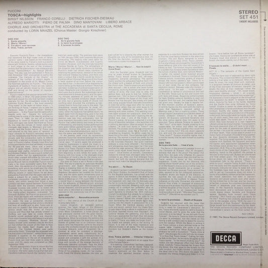 Giacomo Puccini, Birgit Nilsson, Franco Corelli, Dietrich Fischer-Dieskau, Orchestra Dell'Accademia Nazionale di Santa Cecilia & Coro dell'Accademia Nazionale di Santa Cecilia, Lorin Maazel : Tosca - Highlights (LP)