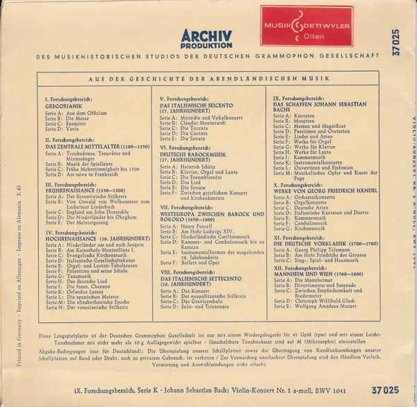 Johann Sebastian Bach, Wolfgang Schneiderhan, Collegium Musicum Zürich, Paul Sacher : Das Schaffen Johann Sebastian Bach: Violin-Konzert Nr. 1 A-moll (7", EP, Mono, RE, 5. )
