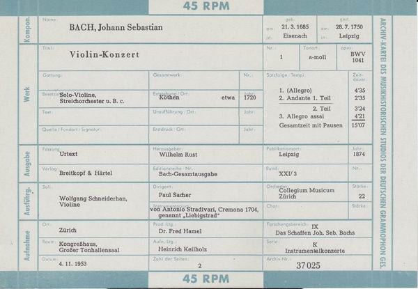 Johann Sebastian Bach, Wolfgang Schneiderhan, Collegium Musicum Zürich, Paul Sacher : Das Schaffen Johann Sebastian Bach: Violin-Konzert Nr. 1 A-moll (7", EP, Mono, RE, 5. )
