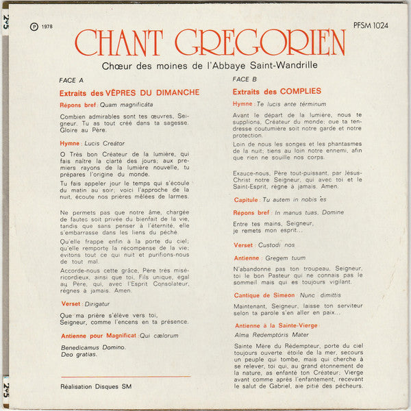 Chœur Des Moines De L'Abbaye St Wandrille : Chant Gregorien (7", EP)