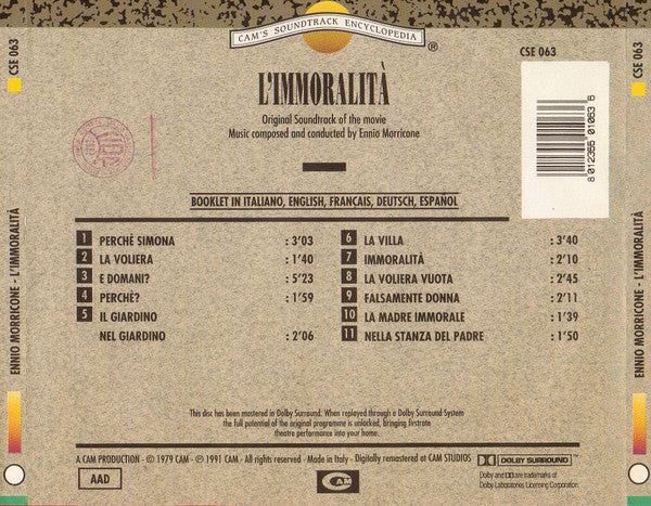 Ennio Morricone : L'lmmoralità (CD, Album, RE, RM)