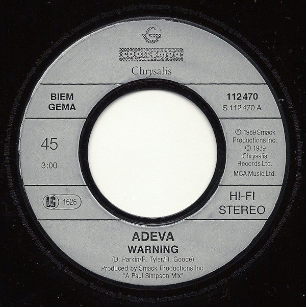 Adeva : Warning! (7", Single)