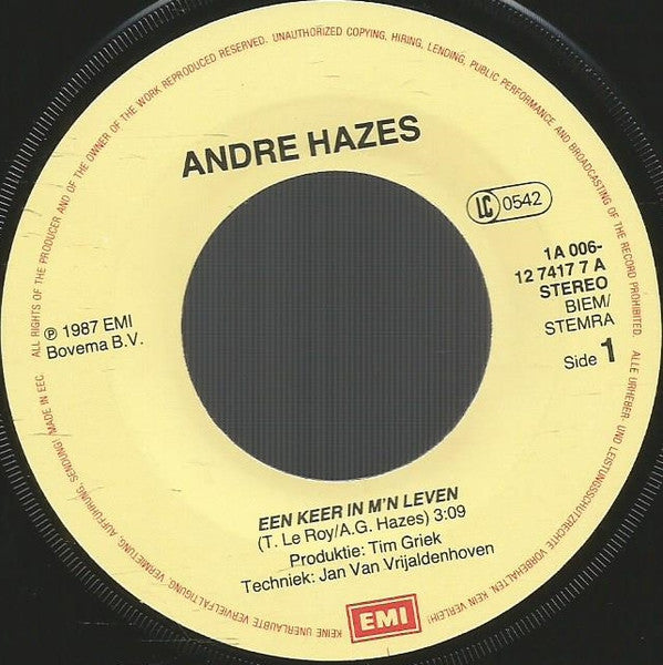 André Hazes : Een Keer In M'n Leven (7", Single)