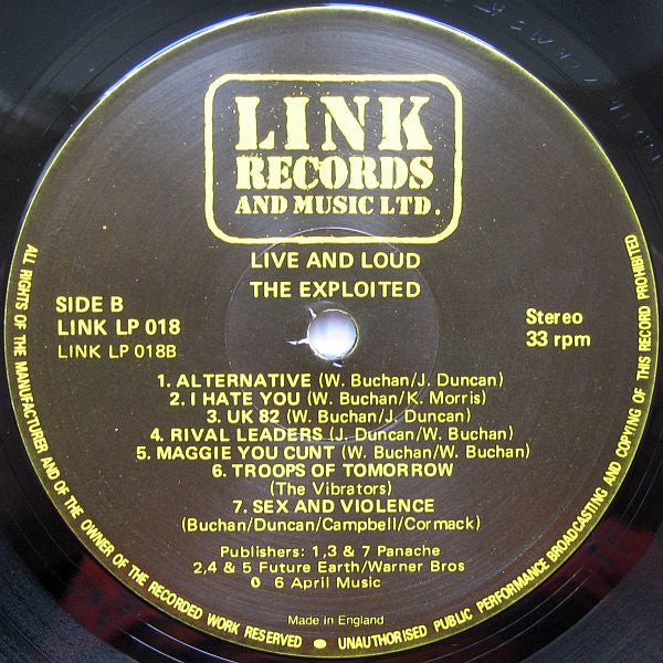 The Exploited : Live And Loud!! (LP, Album, RP, Bla)