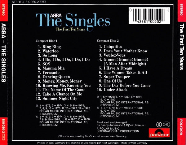 ABBA : The Singles (The First Ten Years) (2xCD, Comp, RE, PDO)