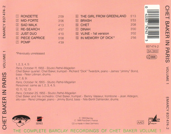 Chet Baker : Chet In Paris Volume 1 (CD, Comp)