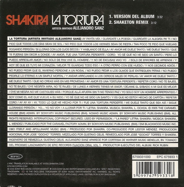 Shakira Artista Invitado Alejandro Sanz : La Tortura (CD, Single)